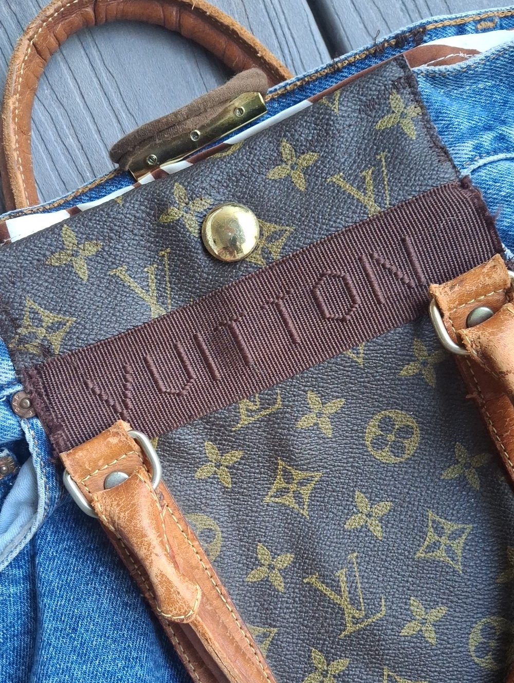 Upcycle Louis Vuitton Brown Monogram & Tan Leather Tote Bag - Picture 3 of 15